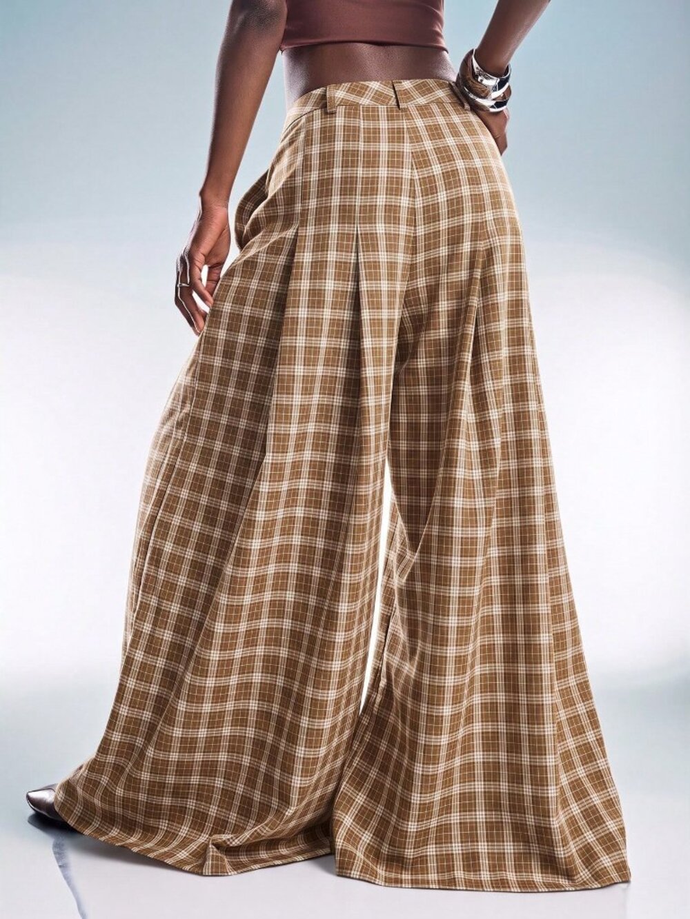 Multicolor Casual Women's Plaid Loose Wide Leg Long Pants - Picture 3 of 6